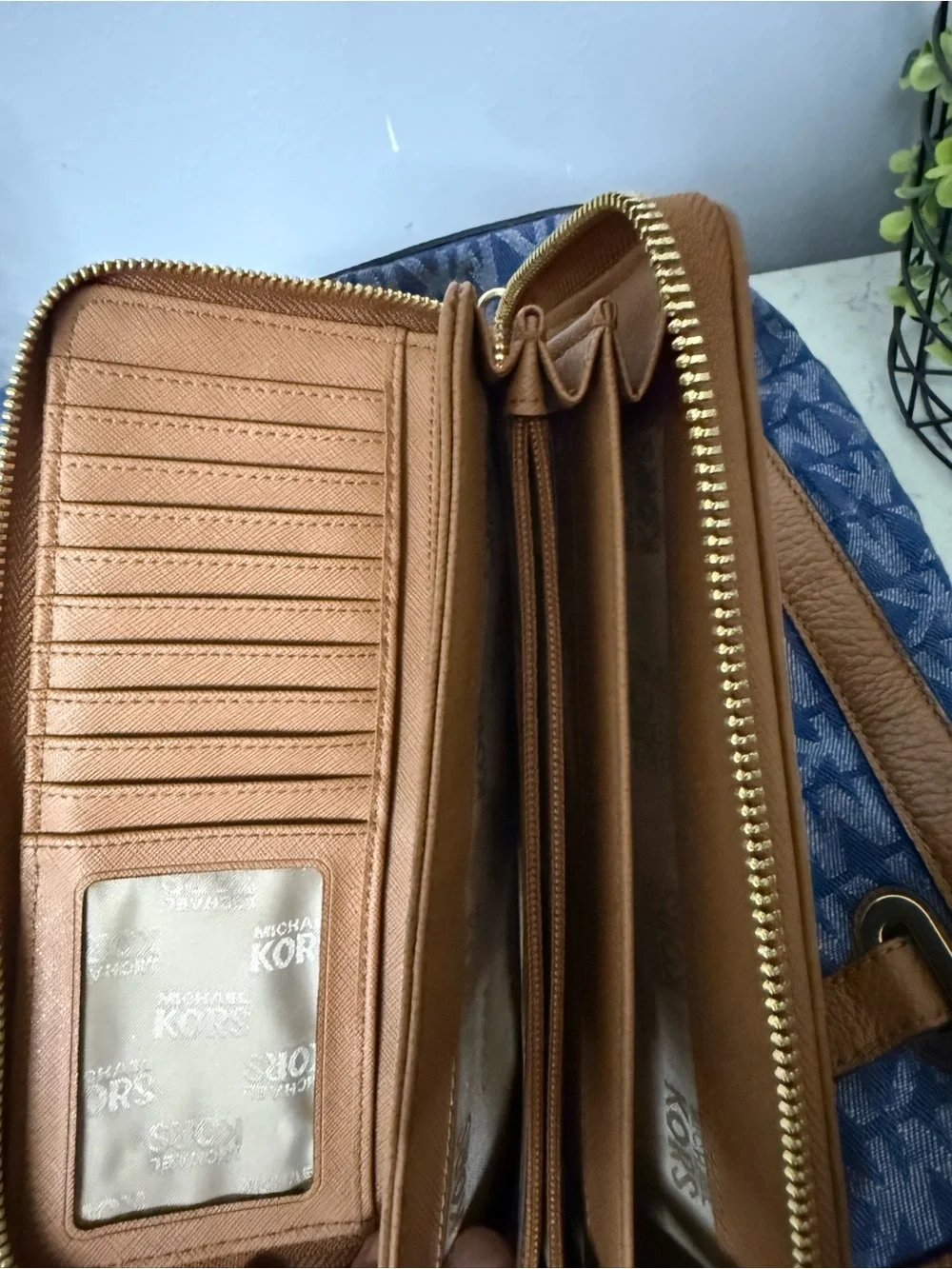 Michael Kors Blue MK Logo Tote with Brown Trim and Matching Wallet - Picture 10 of 10